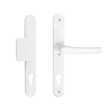   MISTRAL eltolt fogantyús-kilincses alu fehér porszórt keskeny címes bejárati ajtókilincs 92 PZ