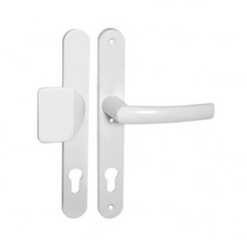   OPERA eltolt fogantyús - kilincses alu fehér porszórt keskeny címes bejárati ajtókilincs 92 PZ